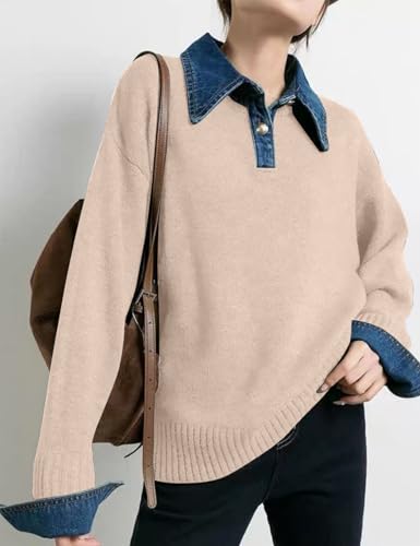 Image of Womens Denim Lapel Sweater Oversized Long Sleeve Button Down Polo Knit Pullover Sweaters 2025 Fall Outfits