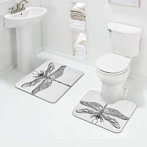 FALOME 2-teilige rutschfeste Badematte,Libelle Barock gemusterte Zierlibelle Old Fashion Bug Design Weiß Schwarz… – Bild 4