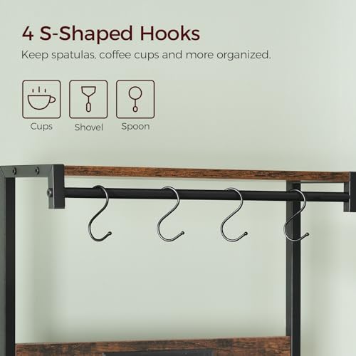 MAHANCRIS Bakers Rack, Microwave Stand, Coffee Bar Station, Kitchen Storage Shelf Rack with Drawer and Power Strip, 4 Hooks, for Kitchen, Living Room, Dining Room, Rustic Brown and Black ABRHR48KE01 - Image 8