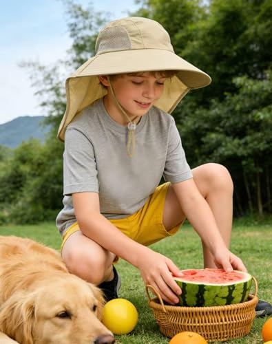 Image of Rosoz Kids Sun Hat with Neck Flap UV Protection Summer Toddler Beach Hat Unisex Ponytail Hat Wide Brim Fishing Hat