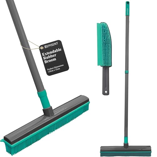 EPISENT Extendable Rubber Broom Pet Hair Remover, Scratch Free Bristles on Carpets Rugs and Hard Floors, Indoor Outdoor Broom for Wet and Dry Use, Sweeps Hair Lint Dirt Water Dust Spills Leaves