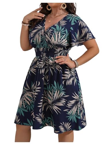 Image of Floerns Women's Plus Size Summer Vacation Wrap V Neck Short Sleeve Ruffle Hem A Line Hawaiian Short Dress