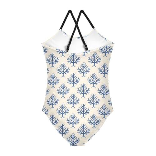 senya Girls Swimsuits One-Piece Swimwear Tie Bathing Suit Beach Summer Round Neck 7-8T Blue Coral Pattern2