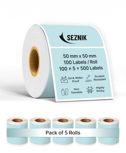 Image of SEZNIK Waterproof, Non-Tearable, Long Lasting Print, Sticky Thermal Lables, Label Roll, 2 inch Adhesive Thermal Labels for Label Printers (50mmx50mm) - 500 Lables, Pastel Blue
