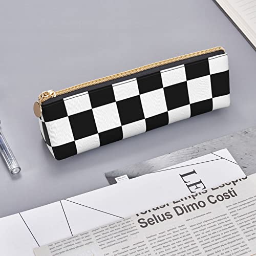 Image of Black White Race Checkered Flag Pattern Leather Pencil Case Zipper Pen Makeup Cosmetic Holder Pouch Stationery Bag for School, Work, Office