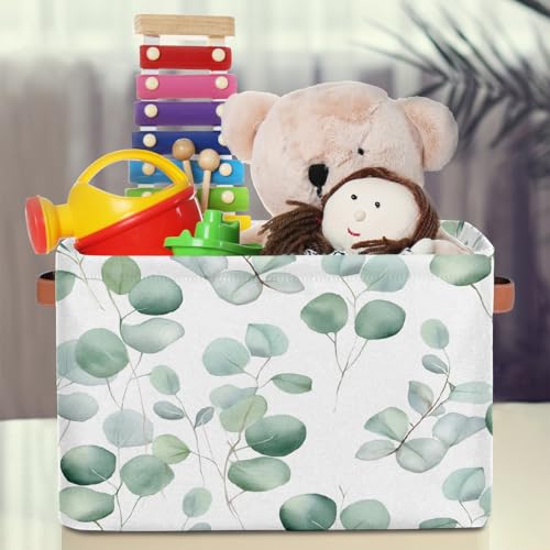 Image of Eucalyptus Leaves Storage Baskets for Organizing, Fabric Collapsible Storage Bins Box Sage Green Decorative Toy Organizer Baskets for Closet Shelves Gift Basket 1 Pc