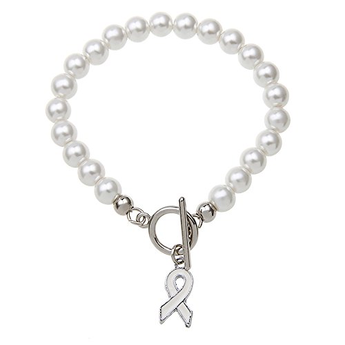 FM FM42 White Ribbon Simulated Pearls Toggle Clasp Link Bracelet 7.87