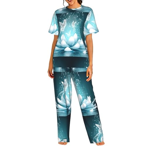 Pyjama fleurs de lotus pour femme avec t-shirt doux manches courtes