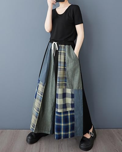 ellazhu Women's Pants Patchwork Two Side Pockets Wide Leg Elastic Waist Baggy Straight Hem Casual GZ428 A3