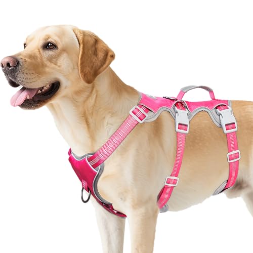 Image of Huntboo Escape Proof Dog Harness, Escape Artist Harness, Reflective Harness with Padded Handle, Breathable, Durable, Adjustable Vest for Medium Dogs Walking, Training, and Running Gear (Rose red, L)