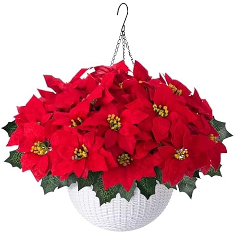 Ivydale Artificial Fake Poinsettia Flowers Plants Hanging Basket for Christmas New Years Decoration, Faux Red Flower Realistic UV Weather Resistant for Outdoor Porch Patio Balcony Holiday Decor Cover