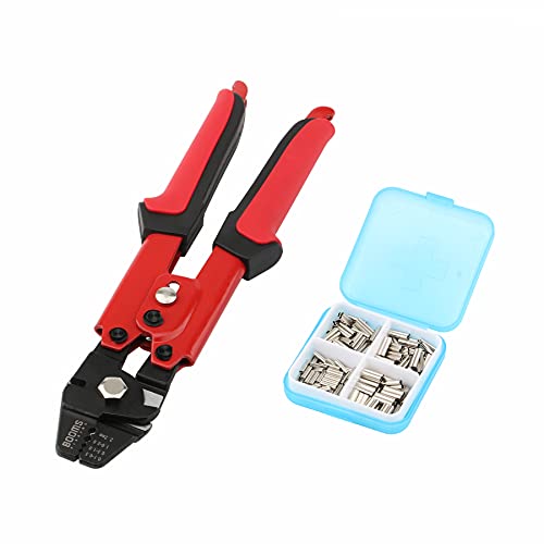 Booms Fishing CP1 Fishing Crimping Pliers, High Carbon Steel Fishing Plier Wire Rope Leader Crimping Tool, 10 inch Crimpers Swager with Ergonomic Handle, with 140pcs Crimp Sleeves, Red