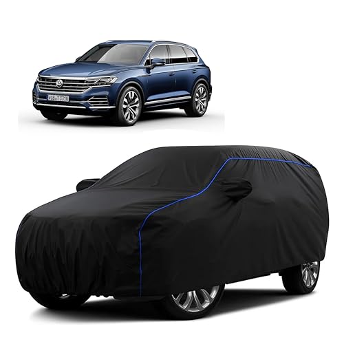 Image of Sulfar 100% Water Resistant Car Body Cover Compatible with Mirror for Volkswagen Touareg (Triple Stitched, Full Bottom Elastic, Black Tafetta with Blue Piping)