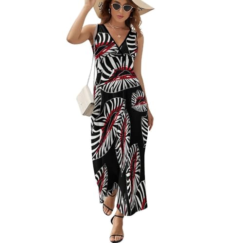 FJQWKLF Zebra-Print Lippen Ärmelloses Damenkleid Strand Sommerkleid V-Ausschnitt Langes Kleid Lässige Maxikleider Groß
