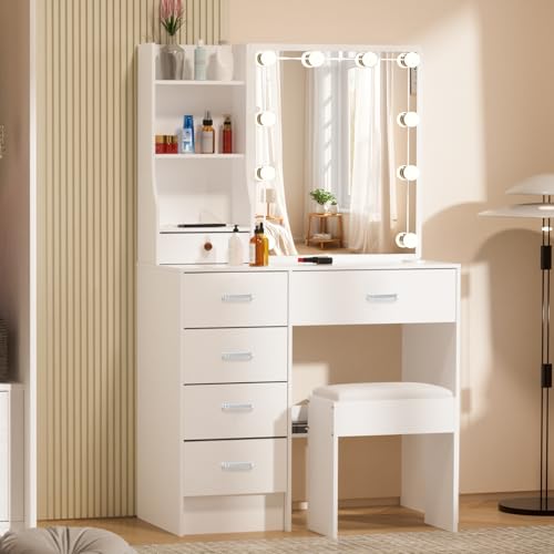 Saimeihome Tocador con espejo y taburete, color blanco, tocador con iluminación, 3 modos de luz diferentes, mesa de maquillaje para dormitorio, habitación infantil, 80 x 34 x 130 cm, SE7
