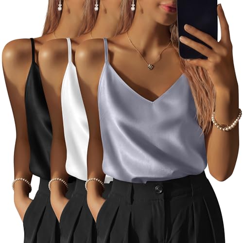 Image of 3 Pack Women's Silk Satin Camisoles V Neck Tank Tops | 95% Polyester, 5% Spandex, Adjustable Spaghetti Strap, Loose Blouse, Daily Wear, Sleeveless, Classic V Neck