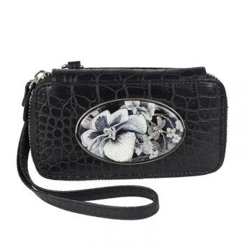 Debbie Brooks Swinglet Cell Phone Case- Silver Hardware- Black Croc Emboss- Black and White Flower