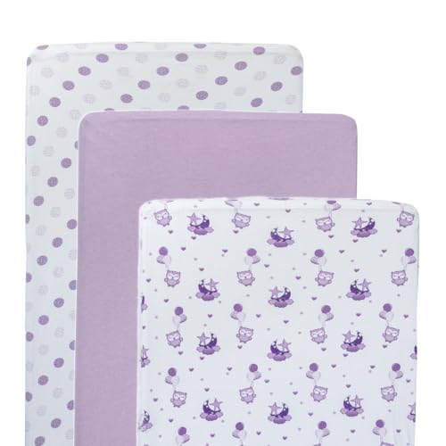 Image of 3 Pack Crib Sheets - Ultra Soft Jersey Cotton Baby Crib Sheets, Breathable Fitted Sheets for Standard Crib Mattress (52 inch x 28 inch), Baby Boy Crib Bedding Set - Purple Owl