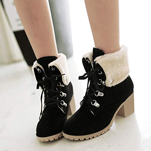 LUXMAX Women Lace Up Fold Over Ankle Boots Block Heel Winter Warm Booties4