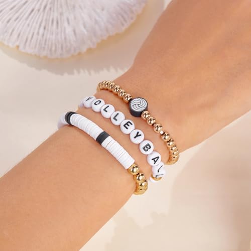 3Pcs Dainty Football Soccer Baseball Basketball Rugby Volleyball Polymer Clay Beaded Charm Bracelets Handmade Gold Beaded Sports Ball Stretch Bracelet for Women Men Sports Team Jewelry Gift (Volleyball)