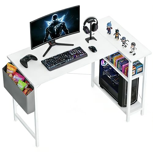 CubiCubi L Shaped Desk, 40" Computer Desk with Reversible Storage Shelves Home Office Corner Desk Study Writing Gaming Table, Pure White