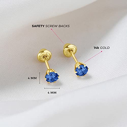 14K Yellow Gold 4Mm Solitaire Round Simulated Sapphire Screw Back Stud Earrings For Girls - Safety Screw Back Locking Earrings For Children - Adorable Prong Earrings For Girls September Birthday #TOP3
