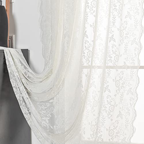 H.ebony Ivory Lace Curtains 63 Inch Length, Country Branch Leaf Scalloped Floral Lace Sheer Curtains For Bedroom, Privacy Vintage Lace Curtain Panels For Windows, 52 X 63 Inch, Light Beige, 1 Pair #TOP4
