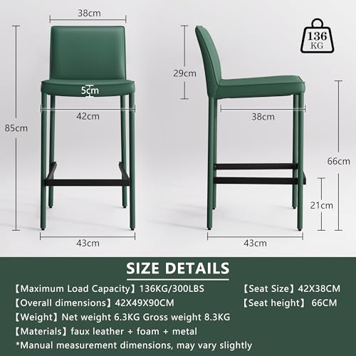 Image of YOUNIKE 26 inch H Counter Height Bar Stool with Back Single Faux Leather Modern Barstool Upholstered Comfy Bar Chair for Kitchen Breakfast Island, No Assembly, Fully Wrapped Metal Legs Green