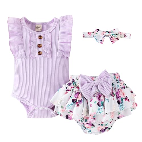 Image of GDTOGRT Baby Girl Clothes Newborn Infant Summer Outfits Ruffle Romper and Shorts with Headband Sets for 0-3-6-9-12-18 Months