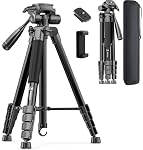 73" Camera Tripod for Camera and Phone, Aluminum Travel Tripod for iPhone, DSLR Tripod with Phone Holder, Quick Release Plate, Travel Bag, Compatible with GoPro Camcorder, 8.8 lbs Load