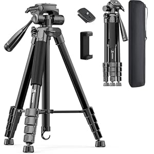 73″ Camera Tripod Stand, Aluminum Tripod with Phone Holder, Travel Bag, Compatible with GoPro/DSLR/Cell Phone/Camcorder, Max Load 8.8LB (Black)