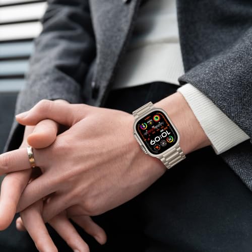 Image of Anlinser Metal Bands Compatible with Apple Watch Band 49mm 46mm 45mm 44mm 42mm for Women Men, Stainless Steel Business Strap for iWatch Ultra 3 /2 /1 SE Series 11 10 9 8 7 6-1 (Starlight)
