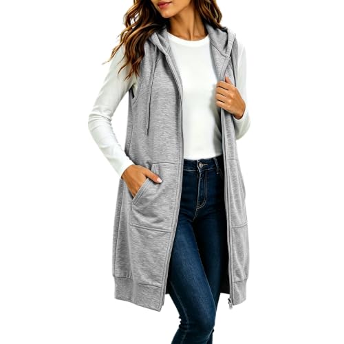 Image of Long Gilets for Women Longline Zip Up Hoodie Drawstring Hooded Sleeveless Waistcoat Full Zip Casual Loose Warm Fall Winter Jackets with Pockets Ladies Long Length Vest Jacket Lightweight Coat Gray