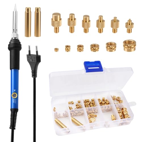 Juego de soldadores de 60 W con control de temperatura, 130 piezas, insertos de rosca M2 – M8 de latón, 6 puntas de soldadura y 2 adaptadores, herramienta de reparación para impresión 3D, madera y