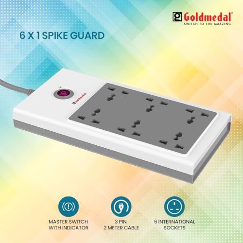 Image of Goldmedal Spice Max 6x1 Spike Guard, Colour: White & Grey, Max Load: 10A, Sockets: 6 International Sockets