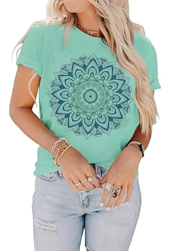 Camiseta de mandala para mujer, diseño de flor de loto, camiseta de manga corta, informal, con mandala, Verde, M