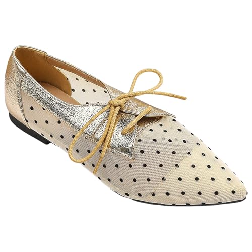 Women's Mesh Polka Dots Dress Shoes Slip On Lace Up Breathable Pointed Toe Casual Flats Fashion Comfortable Lightweight Low Top Non-Slip Soft Soled Flat Ballet Shoes for Office Party