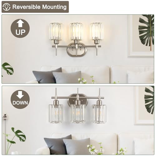 Image of Crystal Bathroom Vanity Light, Brushed Nickel Bathroom Lighting Fixtures, 3-Light Modern Wall Sconces with Crystal Clear Shades for Bedroom Living Room