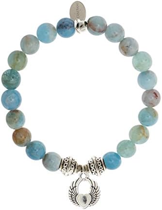 Natural Aquamarine Beryl Gemstone Tibetan Bead Winged Heart Charm Stretch Bracelet