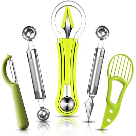 5 Stück Obst Löffel Cutter Set, 4 in 1 Edelstahl Melonenlöffel Schnitzmessern und Zweiseitiger Melonenausstecher, Avocado Corer, Apple Slicer, Küche Gemüse Werkzeuge zum Schneiden und Schnitzen Cover