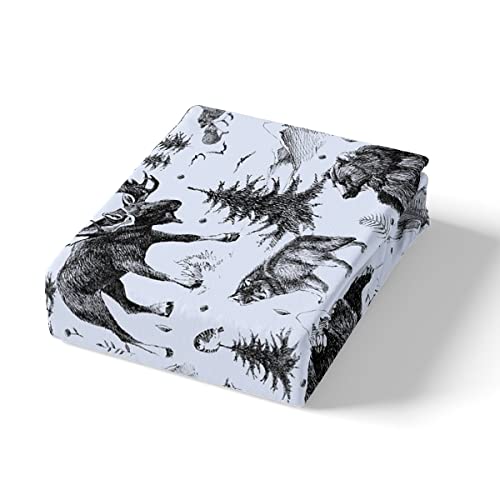 Bear Comforter Cover For Rustic Cabin Room Decor,Grey Deer Moose Wolf Mountain Duvet Cover,Retro Hunting Wild Animal Soft Bedding Set,Farmhouse Pine Tree Bedspread Cover Full With 2 Pillow Shams #TOP4