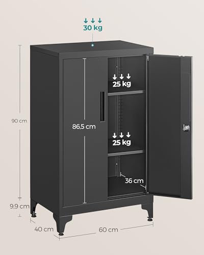 SONGMICS Aktenschrank, Mehrzweckschrank, Büroschrank mit 2 Türen, Schrank abschließbar, Aufbewahrungsschrank aus Stahl, für Arbeitszimmer, Wohnzimmer, Mattschwarz OMC012B01