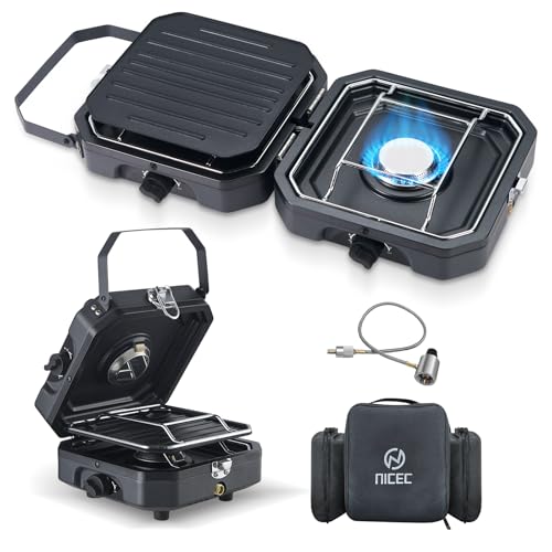 Nice C Camping Stove, Camping Stove Propane, 2 Burner Propane Camping Stove with Grill, Camp Stove, Portable Stove, 16,000 BTU Camp Stove with 2 Burner, Grill & Carry Bag for Camping