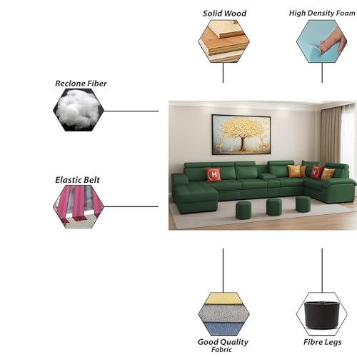 Image of Casaliving Emerson Modern U-Shaped Sectional Sofa Set 9 Seater, Sofa Couch with 3 Puffy for Hall (Green Colour) Premium Leatherette Fabric Sofa
