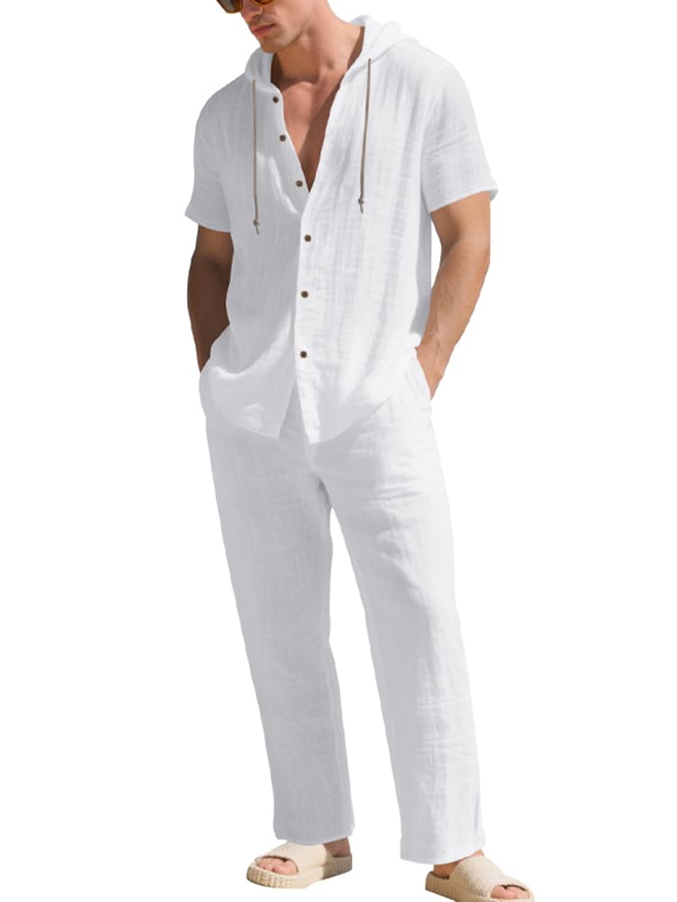 Homme Ensemble en Lin 2 Pièce Casual Chemises à Capuche Hoodie à Manches Courtes Pantalons Survêtement Printemps Été Hauts Chemisette et Pantalon