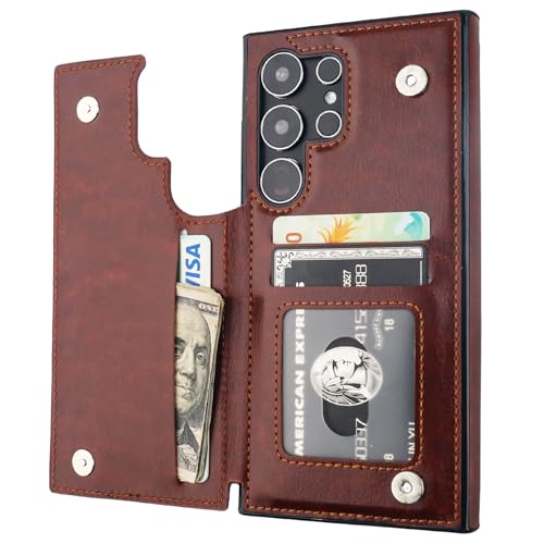 Onetop Compatible with Samsung Galaxy S24 Ultra Wallet Case with Card Holder, PU Leather Kickstand Card Slots Case, Double Magnetic Clasp and Durable Shockproof Cover 5G 6.8 Inch(Brown)
