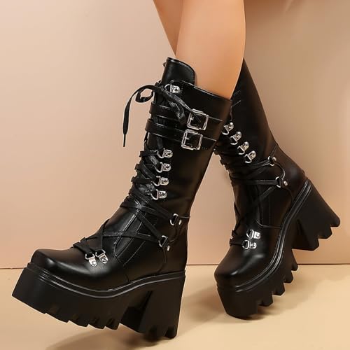 SACFOF Women's Goth Platform Knee High Boots Buckles Platform Zipper Motorcycle Punk Combat Boots Comfy Gothic Riding Booties4