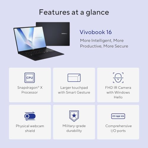 Image of ASUS Vivobook 16 16 inch FHD+ Copilot+ PC Laptop, Qualcomm Snapdragon X Processor, 16GB RAM 512GB SSD, Backlit Keyboard, External Hard Drive Enclosure, Wi-Fi 6E, Windows 11 Pro, Quiet Blue