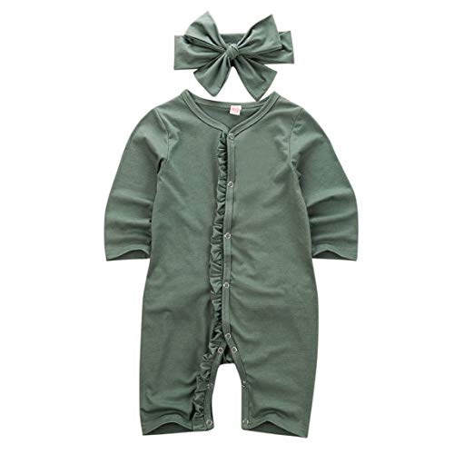 Infant Toddler Baby Girl Floral Print Ruffle Long Sleeve Footless/Footed Pajamas Sleeper Romper with Headband (0-3 Months, AF# Dark Green)