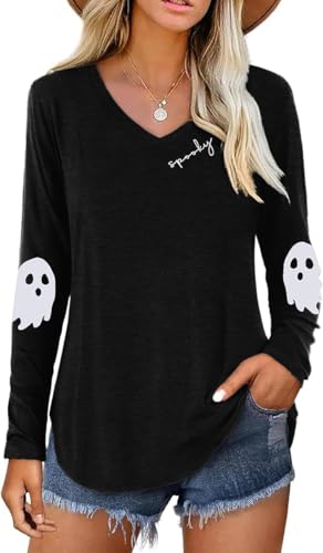 Casual V Neck Shirt for Women Funny Letter Graphic Long Sleeve Tee Holiday Party Family Matching Tops